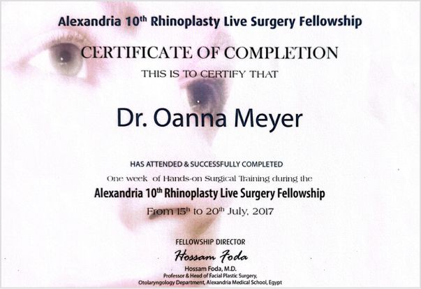 Certificate of Completion — Alexandria Rhinoplasty Live Surgery Fellowship